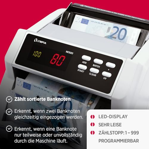 Olympia Geldzähler NC 520plus für sortiertes Zählen Prüfung der Geldscheine auf UV- und MG Stückzähler