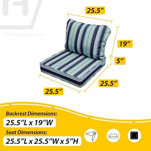 Image of AAAAAcessories Outdoor Seat Cushions for Chairs, Fade-Resistant, Waterproof Patio Furniture Replacement Cushions, 25.5 inch x 25.5 inch x 5 inch + 25.5 inch x 19 inch, Set of 2, Ash Teal Seaside Stripe