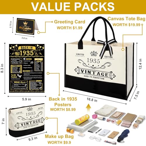 Image of 91st Birthday Gift for Women-Vintage 1935 Canvas Tote Bag,Makeup Bag,Poster