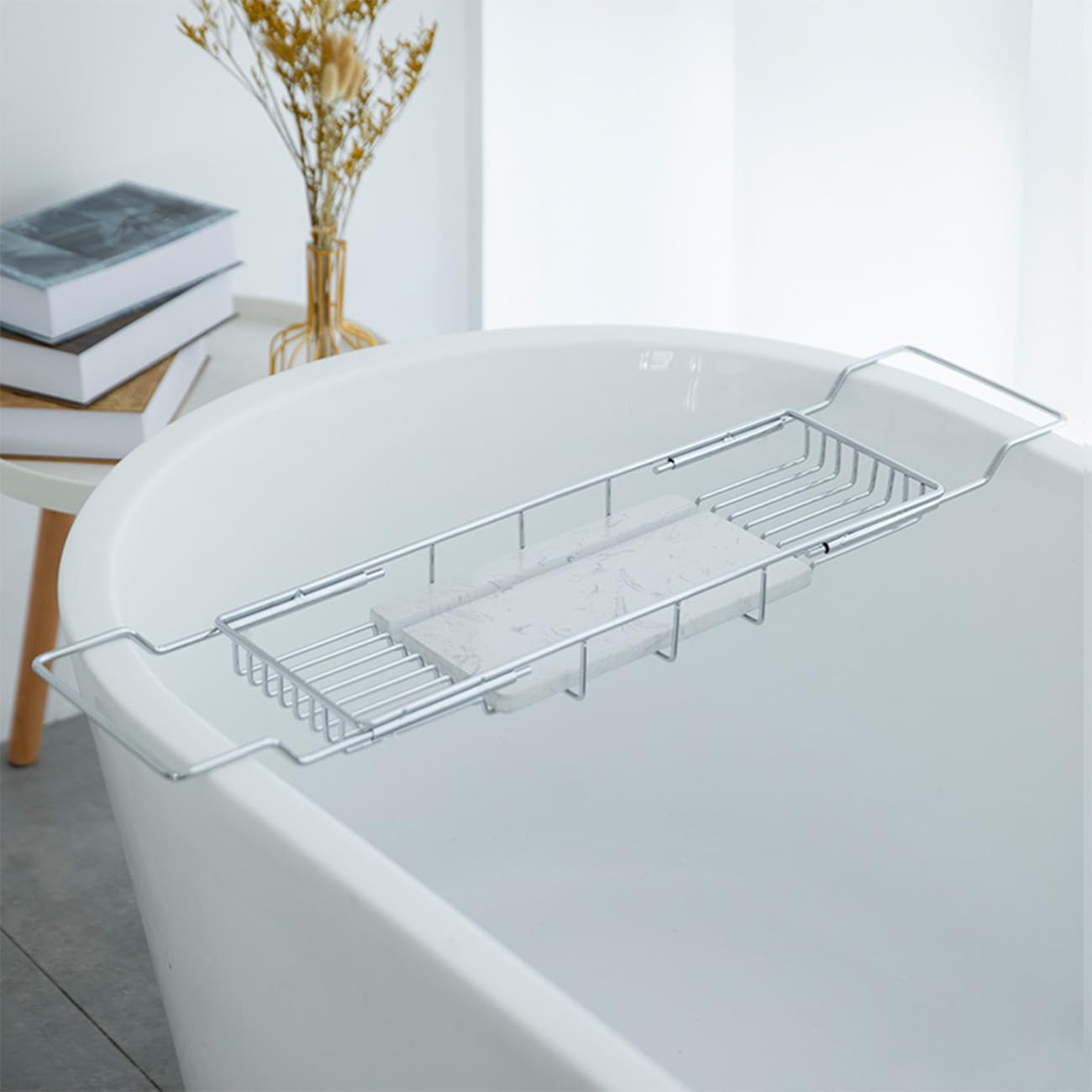 Expandable Bathtub Tray, 26.7-35.4 Inches Stainless Steel Bath Caddy Tray with Marble Base Adjustable Luxury Bath Trays for Tub Scented Candle Wine Glass Books (Silver+White)