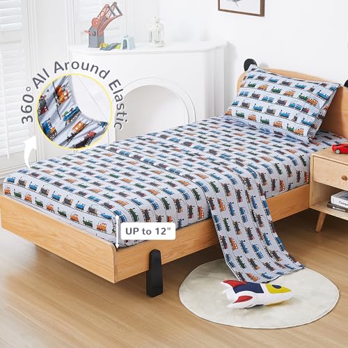 Viviland 3 Pieces Boys Grey Twin Sheet Set - Soft Microfiber Fitted Flat Sheets & Pillowcase - Retro Train Print Bedding Sets - for Kids & Toddlers by Viviland - Image 6
