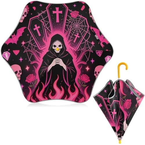 Paraguas para niños pequeños impermeable con estampado de calavera rosa para exteriores
