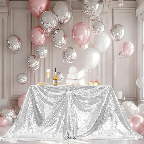 PartyDelight Sequin Tablecloth Silver 60"x126" Rectangle Shimmer Table Cloths Sparkle Glitter Decorations