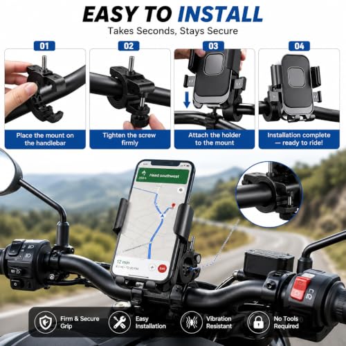 Image of Bike Phone Holder for Handlebar, One-Touch Lock Mobile Mount, 360 Rotatable Motorcycle Phone Holder, Shockproof Anti-Slip Clamp for 4-6.9 Inch Smartphones, Bicycle & Scooter (BS-01)