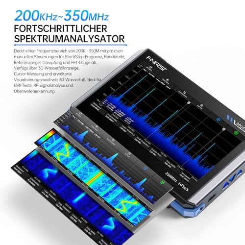 FNIRSI DPOS350P 4-in-1 Tablet-Oszilloskop 350 MHz, Spektrumanalysator 200 kHz – 350 MHz, Frequenzganganalysator DDS-Generator, 2-Kanal-Handoszilloskop 1 GSa/s, 7-Zoll-Touchscreen, digitaler Phosphor