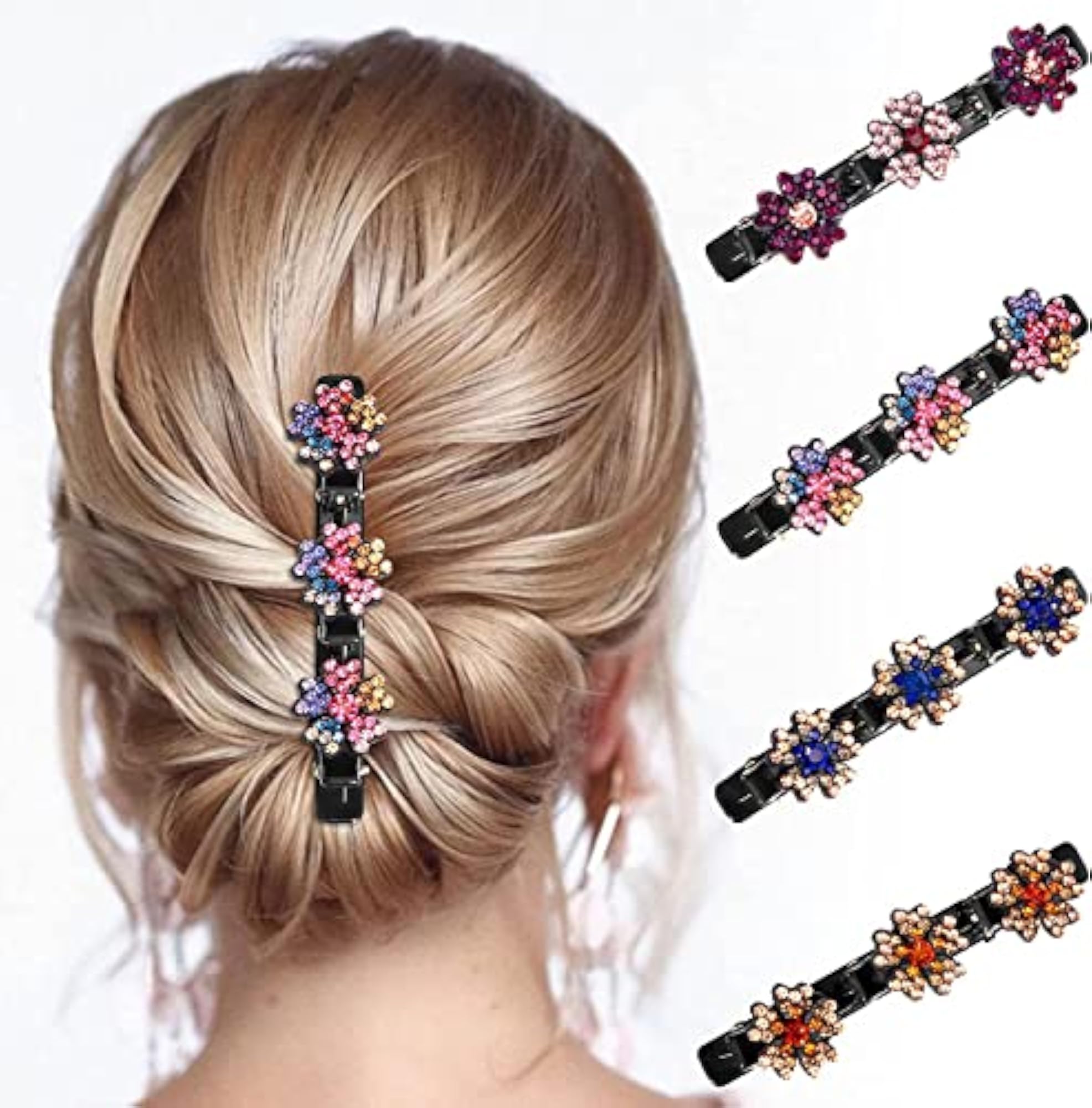4 Pcs Braided Hair Clip Set with Crystal Rhinestone