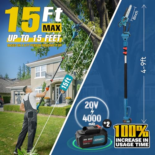Jovant Cordless Pole Saw with 2 Max 20V*4Ah Batteries,8inch Chainsaw and Ploe tree trimmer. Electric Pole Saw and Branch cutter Battery Powered,15-Foot Reach for Tree Trimming and Pruning saw w/Bag - Thumbnail 4