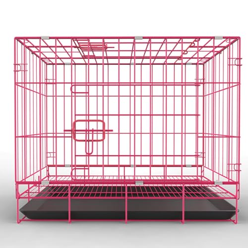 犬小屋 折りたたみ式犬用クレート ペットケージ LAJOKING ペット用品、鉄製ケージ、ペット用品 小型犬から中型犬に適しています 頑丈で折りたたみ式、そして安全です トイレと天窓付き 屋内外兼用 トレイ付き (85x60x70cm,ピンク)