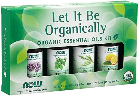 NOW Essential Oils, Let It Be Organically Kit, 4x10ml Including: Organic Lavender, Organic Tea Tree, Organic Peppermint and Organic Lemon Essential Oils With Child Resistant Caps
