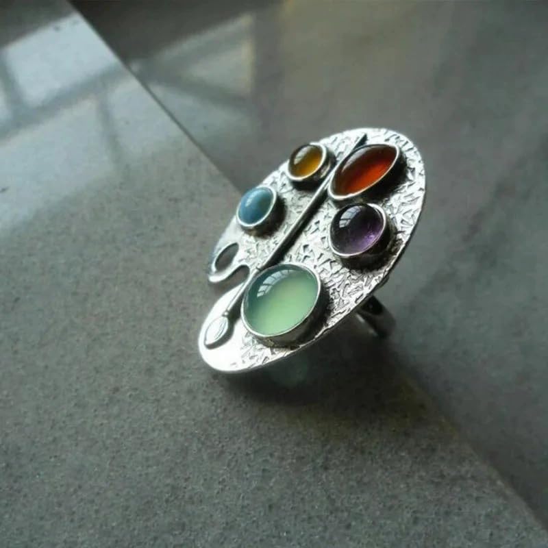 Image of El Regalo Artistic Painter's Palette Finger Ring - Silver Plated Adjustable Ring with Multicolor Stone Cabochons - Unique Bohemian Jewelry for Women & Girls
