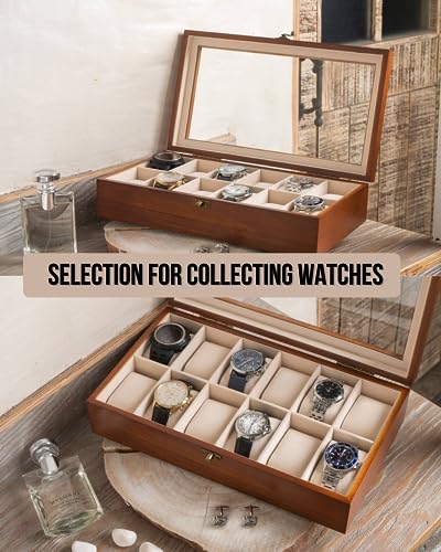 Image of Watch Box, Watch Case for Men Women with Large Glass Lid, Wooden Watch Display Storage Box with 12 - Slots, Classic Walnut Mens Watch Box Organizer