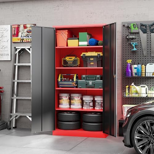 Image of Yizosh Metal Garage Storage Cabinet with Lock Doors and 4 Shelves,-72 inch Steel Heavy Duty Tool Cabinet for Garage, Office,School (Red Black)