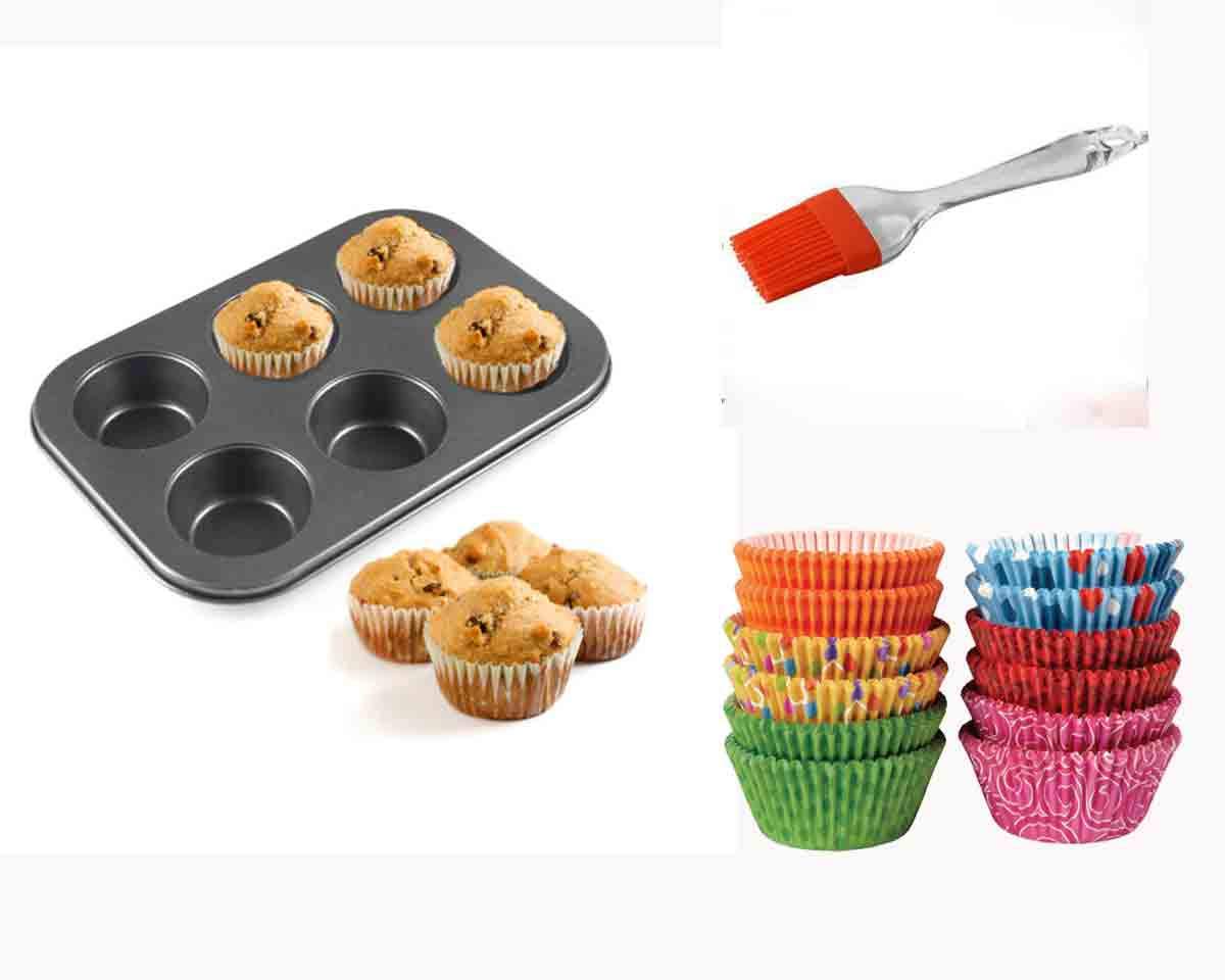 Bakers Pradise Teflon Coated Non-Stick 6 Cups Cupcake Baking Tray Muffin Tray with Mini Muffin Paper Cup Liners (10cm) - Set of 100 & Pastry Brush.