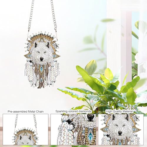Image of AiYuanzsh White Wolf Diamond Painting Hanging Ornament - DIY 5D Crystal Art Kit with Feathers, Tribal Totem Style Diamond Art Pendant Ornament Wall or Window Decoration for Adults