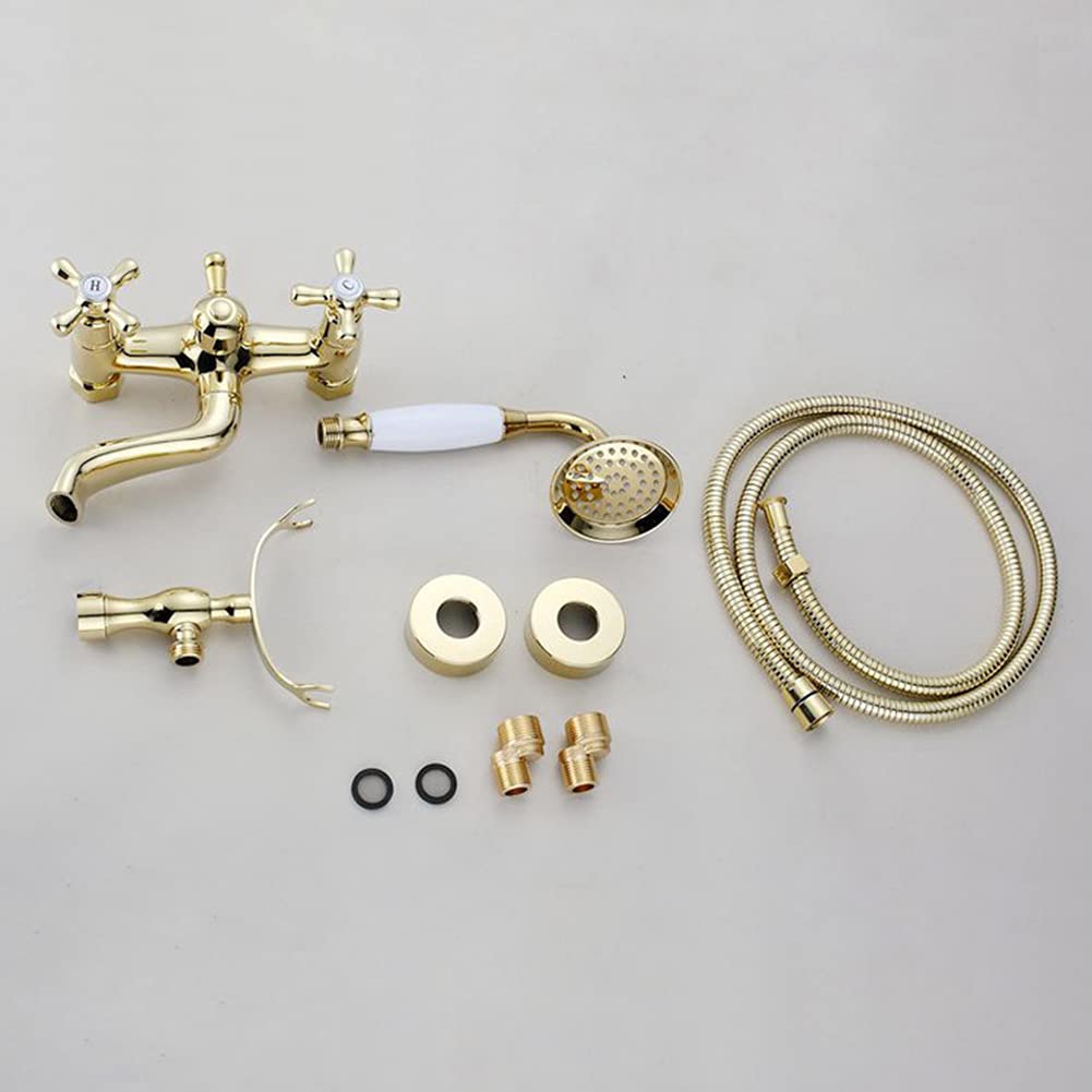Gx Rubinetto Vasca Bagno con Doccetta, Oro Due Maniglie Rubinetto Miscelatore Vasca A Parete con Supporto E Tubo da 150Cm, Ottone, Anticato