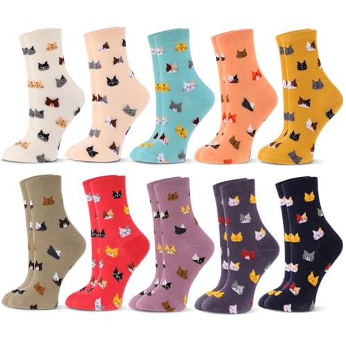 Zuimei 10 Pairs Women Socks 4-7 Soft Ladies Socks Multipack Cotton Colorful Cute Funny Animal Cat Sock Casual Novelty Crew Sock Gifts for Women
