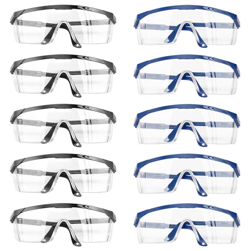 GOSHIES Schutzbrille 10 Stück Arbeitsschutzbrille Sicherheitsbrille Schutzbrille für Brillenträger mit verstellbaren Bügeln Arbeitsschutzbrille Antibeschlag Antispeichel Schwarz + Blau