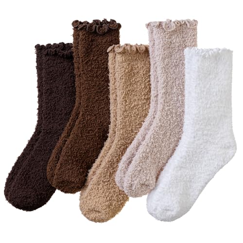 Eocom Womens Fuzzy Ruffle Socks Slipper Fluffy Cozy Frilly Soft Plush Warm Winter Thick Crew Socks 5 Pairs(Brown Series)
