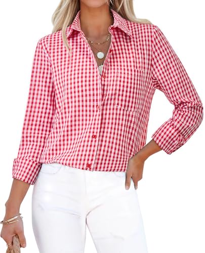 siliteelon Plaid Shirts for Women Gingham Top Button Down Long Sleeve Dress Shirts Cotton Casual Fitted Work Collared Blouse