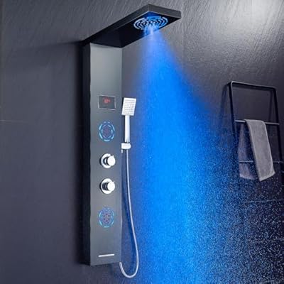 POPFLY Shower Panel Tower System with LED MIST & RAIN Shower Head, 2 Body Jets with LED, Tub Spout and Temperature Display, Water Powered Led Shower Tower Column Stainless Steel, Black