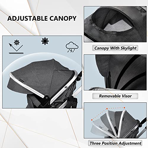 Kinder King 2 In 1 Convertible Baby Stroller, Folding High Landscape Infant Carriage, Newborn Reversible Bassinet Pram, Adjustable Canopy, Diaper Bag, Anti-Shock Toddler Pushchair Dark Grey #TOP2