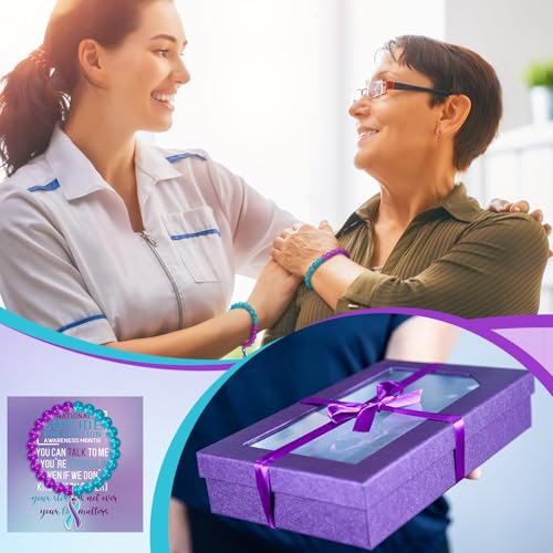 Image of Huquary 12 Pcs Suicide Prevention Awareness Bracelets Gifts Bulk Teal and Purple Natural Stone Ribbon Bracelets for Suicide Prevention Depression Awareness Gift