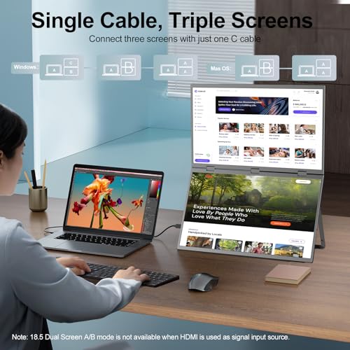 Image of Dual Portable Monitor, 18.5 inch 1080P FHD IPS Folding Stacked Triple Laptop Screen Extender, USB-C Plug & Play Travel Extended Computer Display for Laptop PC Windows Mac w /Stand & VESA Mountable