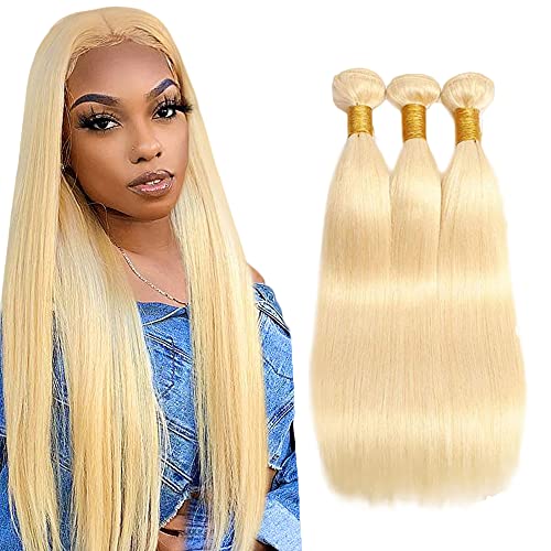 AuokMar 22 24 26 Inch Honey 613 Blonde Brazilian Human Hair Bundles Straight 3 Bundles 8A Grade 100% Unprocessed Virgin Hair Remy Weave Hair Extensions