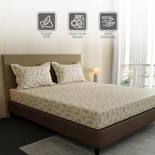 Image of Layers 100% Cotton Bedsheet for Double Size Bed | Lumina Floret Collection | 144 TC Soft & Breathable | Floral Print with 2 Pillow Covers | Wrinkle Free & Colorfast | 3 Pc Bedding Set - Pink & Cream