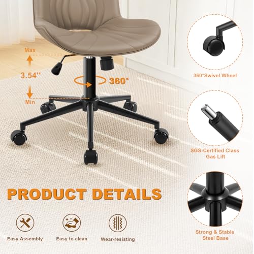 Image of Armless Office Chair, Height Adjustable Desk Chair with Wheels, Ergonomic Comfy 360 Swivel Home Office Computer Task Chair, Faux Leather Padded Cute Vanity Chair, Khaki
