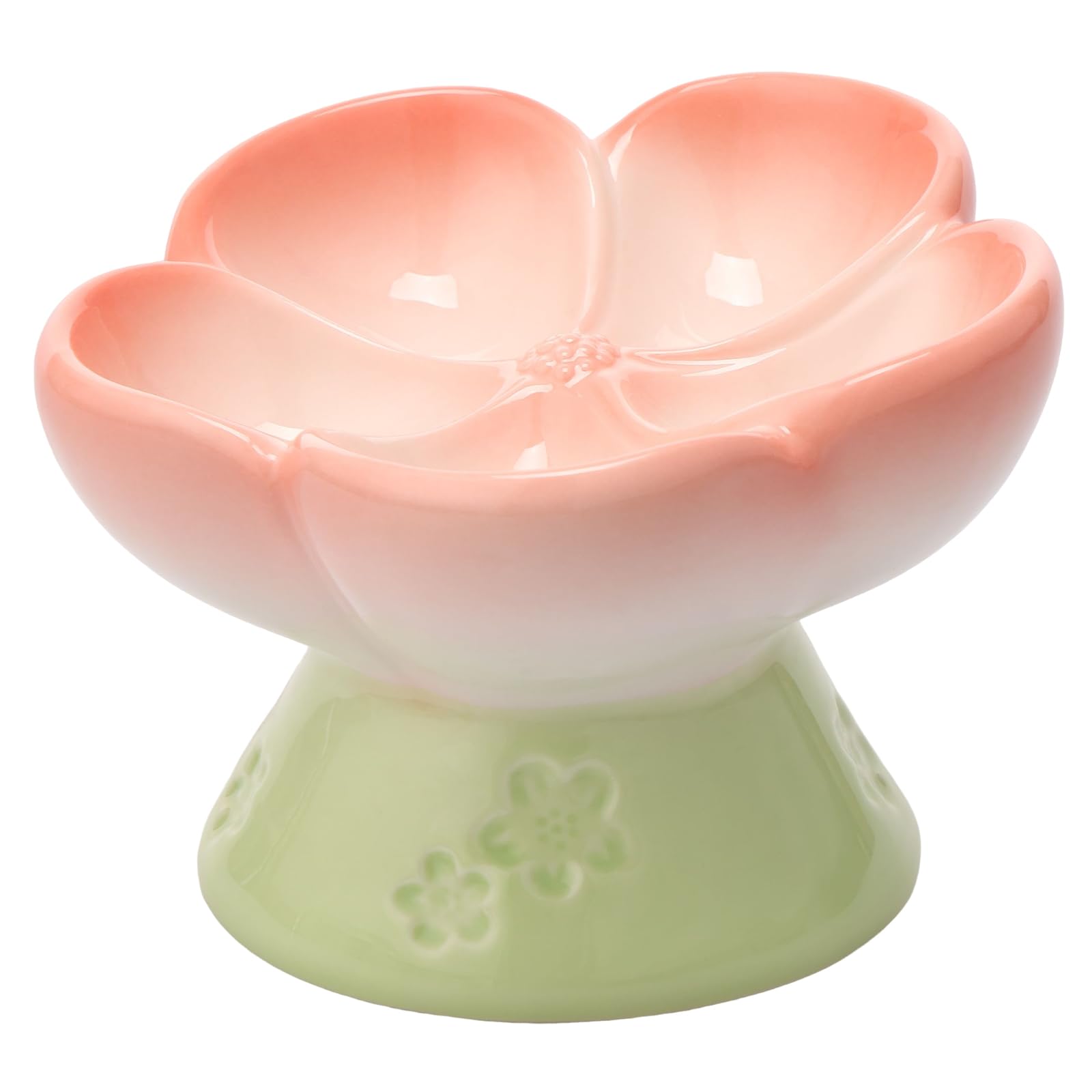 MENIBBLER Ceramic Raised Slow Feeder Dog Bowl for Dry Wet Food, Flower Shaped Raised Slow Feeder Cat Bowl, Smooth Surface Elevated Food for Small Cat Dog(Pink)