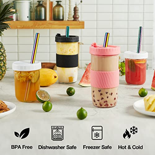 Image of Mfacoy (4 Pack x 2 Size Cup, 24oz & 16oz Bubble Tea Cup, Smoothie Cups with Lids and Stainless Straws, Reusable Cup, Wide Mouth Mason Jar Drinking Glasses with Silicone Sleeve for Travel