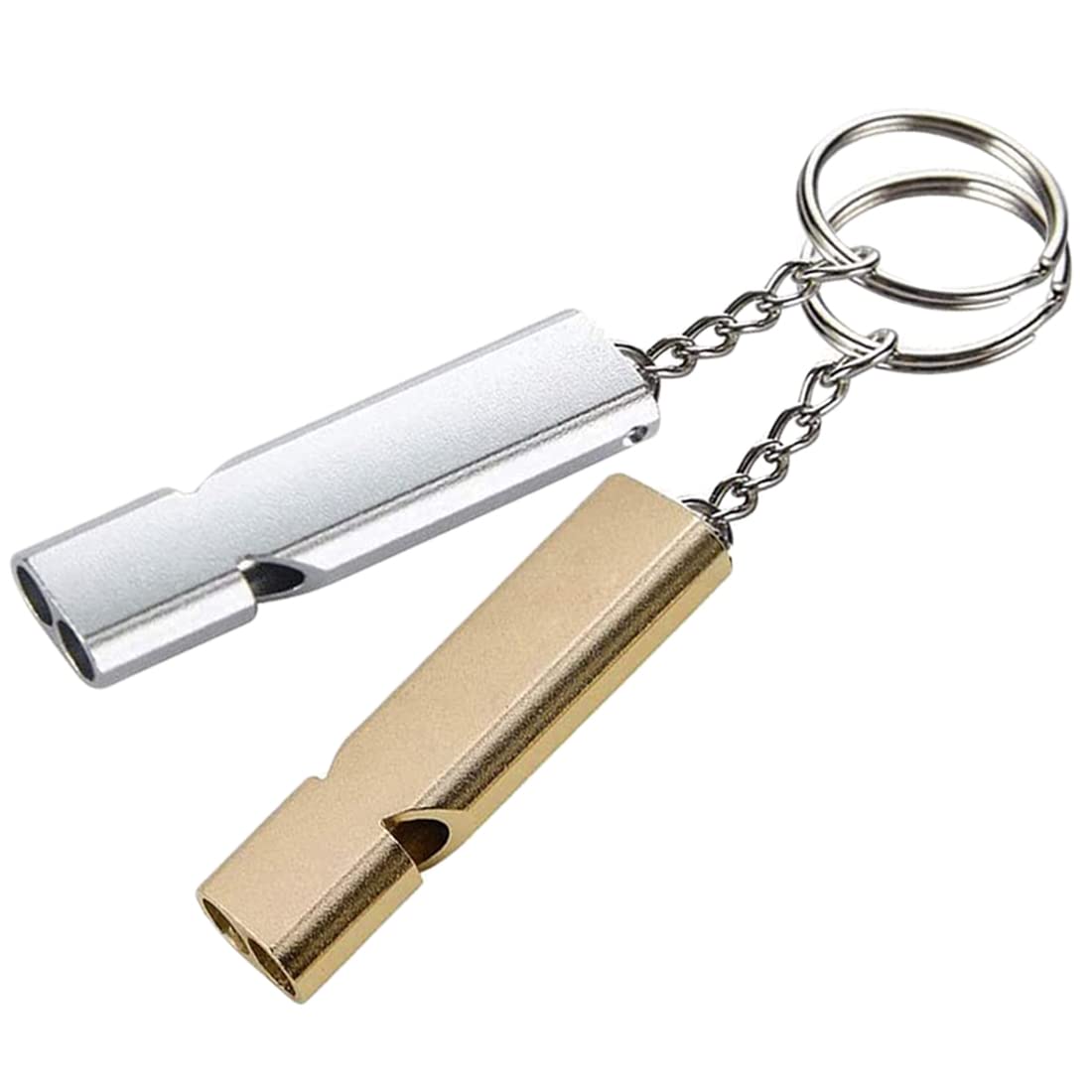 2 Pièces Sifflet de Secours, XCOZU Double Tubes Métal Sifflet Secours Sifflet d'urgence Sifflet Argent Doré, Sifflet Urgence Sif