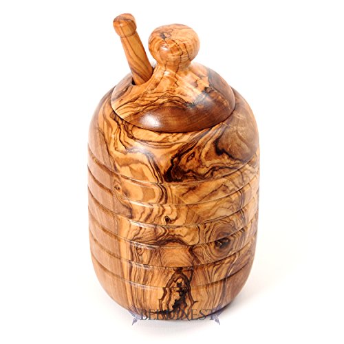 Sale! Olive Wood Large Honey Jar Set Including Honey Dipper, Handmade Wooden Honey Pot