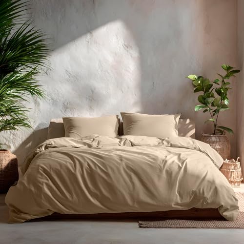 Juego Funda Nórdica Cama 100/105, Lisa 100% Algodón, Funda Edredón 180x220 cm y Funda Almohada, Transpirable, Suave, Color Piedra
