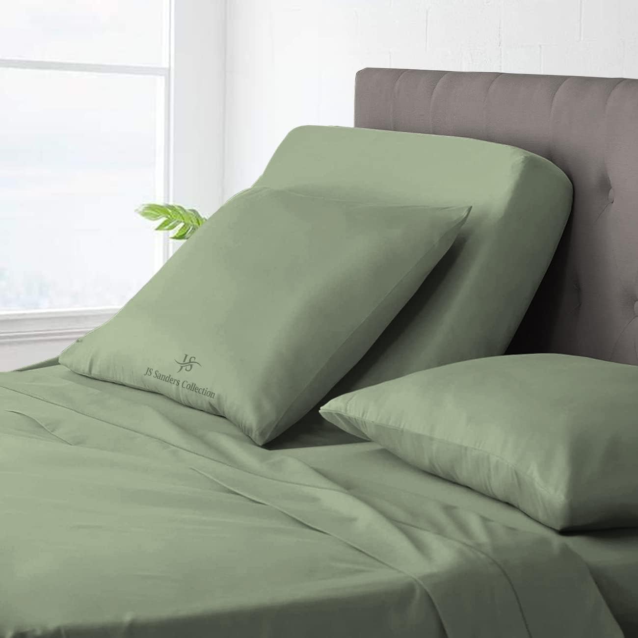 JS Sanders Collection Split Head Queen Sheet Set – 34" Flex Head Split – 100% Cotton, 600 Thread Count – Deep Pocket 4PC Adjustable Bed Sheet Set (Moss)