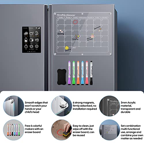 Acrylic Magnetic Calendar For Fridge, Bestmal 16"X12" Monthly Clear Dry Erase Calendar Board For Fridge Reusable Planner Board Calendar Whiteboard Memo Planning Boards For Refrigerator With 6 Markers #TOP1