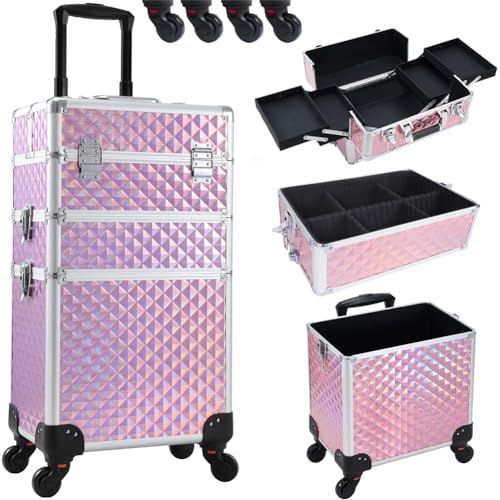 Valise de maquillage BAKAJI avec roues détachables et trame holographique triangulaire