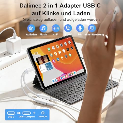 Dalimee Adapter USB C auf Klinke, 2 in 1 USB C Kopfhörer Adapter und Laden, Unterstützt 60W Schnellladung und 3.5 mm Kopfhörer, USBC auf Klinke für iPhone 17/16/15, iPad und weiteren Type-C-Geräten