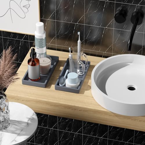 Image of BBK Bathroom Vanity Tray 7.8 in - 2 Pack(Small) Silicone Bathroom Tray for Counter, Perfume Key Trinket Ring Tray, Decor Soap Dispenser Countertop Tray for Kitchen Sink Organization (Gray)