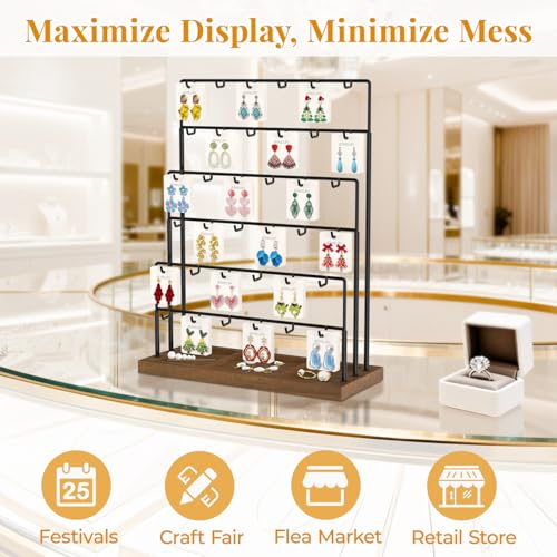 Image of EsLuker.ly Earring Card Display Stand for Vendors Events Selling, Earring Holder Rack Metal 6 Tier 36 Hooks with Wooden Base, Large Capacity Showcase Your Jewelry at Any Event, Black