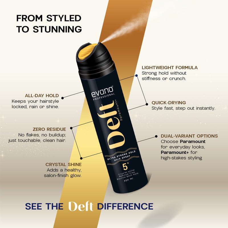 Image of Evano Professional Deft Paramount Hair Hold Spray For Men & Women 250ml | Extra Strong Hold for Long Events| Instant Crystal Shine | Non-Sticky & No Flakes | for All Hair Types