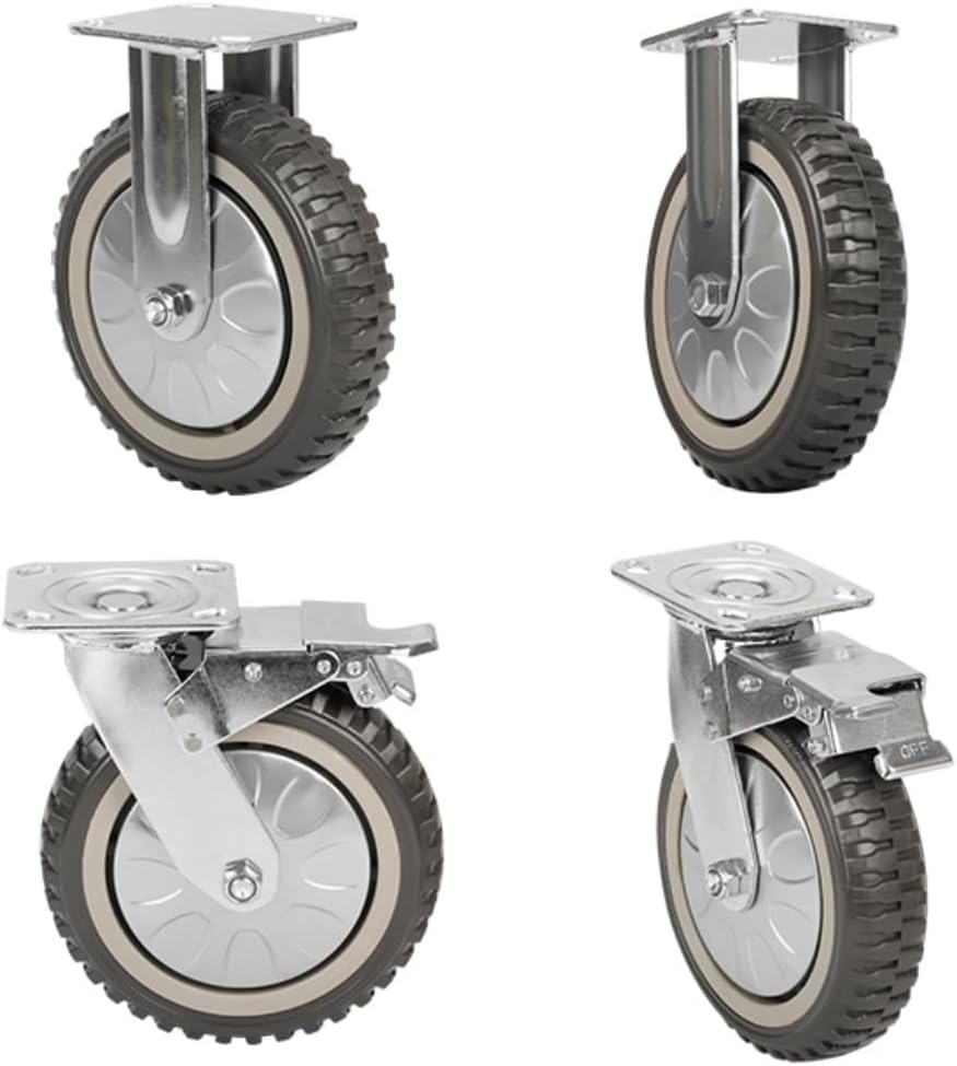 ybaymy 200mm Castors 4 Pack Solid Rubber Industrial Castors, 2 Locking Swivel Casters + 2 Fixed Caster Wheels with Brake 360 Degree Trolley on Wheels up to 1000kg for Furniture and Workbench
