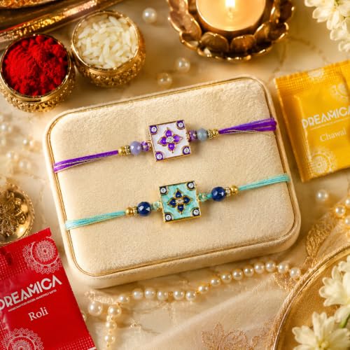 Image of Dreamica Designer Set of 2 Rakhi, Mug, Standee Showpiece, Set of 8 Scratch Cards, Fridge Magnet, Greeting Card and Tilak Set | Best Rakhi Gift for Brother