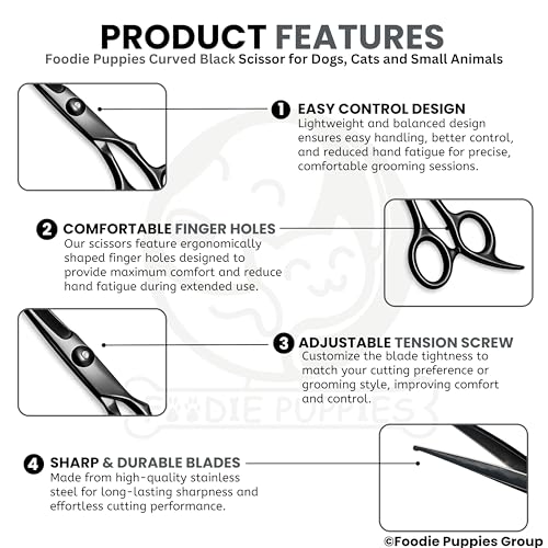 Image of Foodie Puppies Curved Dog Grooming Scissors - (Black) Stainless Steel Pet Hair Cutting Shears with Finger Rest | Precision Trimming for Dogs & Cats | Professional Grooming Tool for Home Use