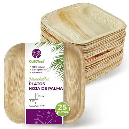 GoBeTree Platos Desechables de Hoja de Palma 25 Platos Cuadrados de 15 cm. Vajilla para barbacoas, picnic y Fiesta de cumpleaños, Similar al bambú, más fuerte que platos de papel