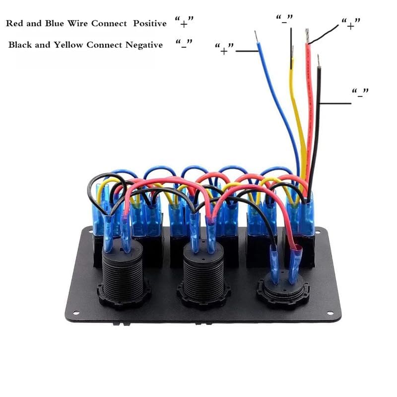 6 Gang Rocker Switch Panel with Dual USB Charger and Voltage Display, Blue LED Switches, Waterproof Design for Marine Boat Car RV Truck Yacht, 12V DC