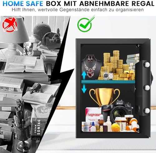 Bild 3 - 55L Safe Tresor für Zuhause, Feuerfester Tresor mit Schlüssel, Abnehmbares Regal und Stummschaltfunktion, Elektronische Anti-Diebstahl Tresore für Geld, Dokument, Munition and Wertgegenstände