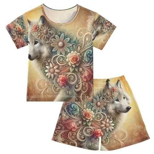 Floral Wolf Golden Pajama Set Short Sleeve Nightwear Soft Clothes Set Summer Pajamas Cotton 5Y