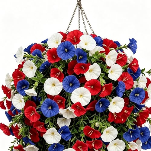 Flores artificiales patrióticas para decoración exterior de porche y jardín tricolor 8